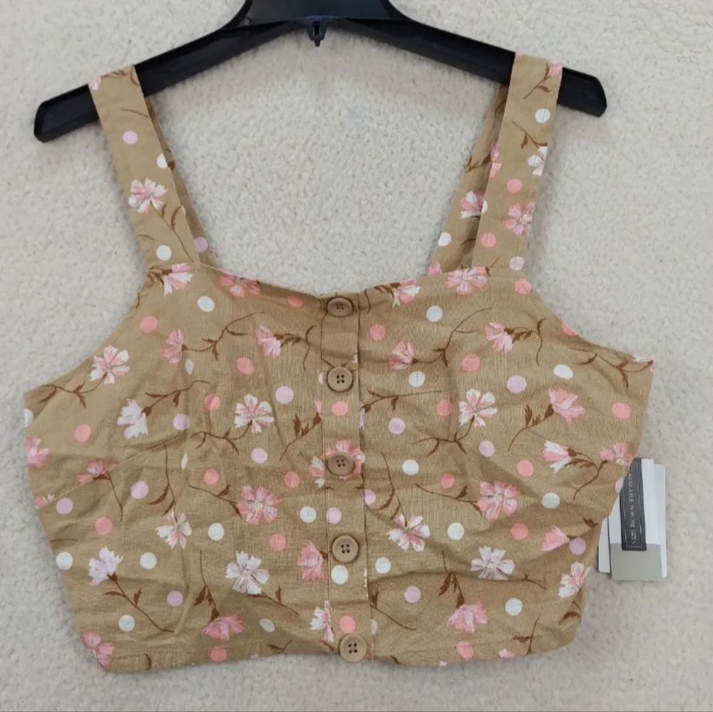 BUTTON FRONT LINEN BLEND TANK IN BEIGE- PINK SOPHIE FLORAL XS - Picture 4 of 5